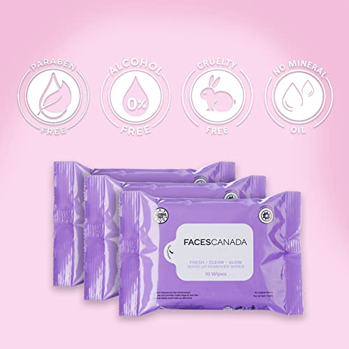 FACESCANADA Fresh Clean Glow Makeup Remover Wipes - 10 Count, Pack of 3