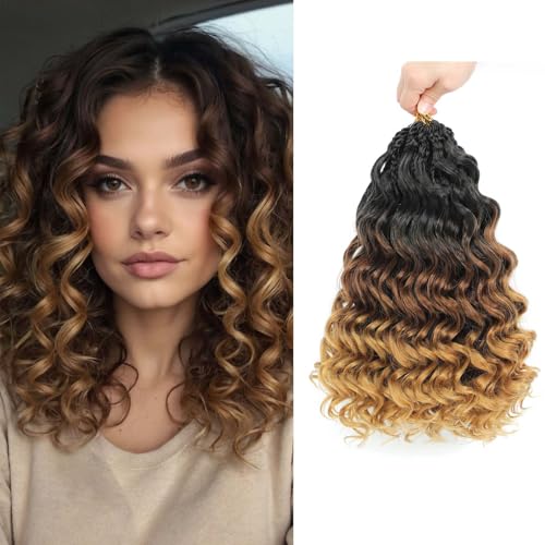 Pre-Looped Ocean Wave Crochet Braids Water Wave Hair Short Curly Synthetic 12 Inch - #1B/30/27, Pack of 8
