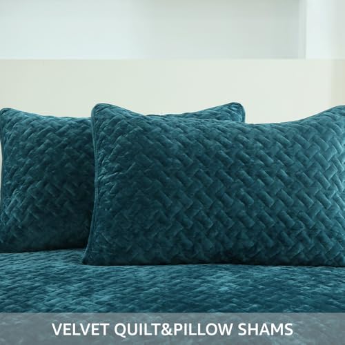 Velvet Bedspread Quilt Coverlet Bedding Set - Teal Queen Size (90x98 inches)