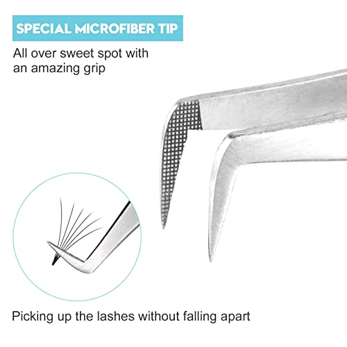 Professional Lash Tweezers Set - 5 Pcs Fiber Tip Curved Isolation & Volume Tweezers for Eyelash Extensions - Blue