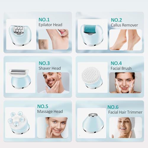 6-in-1 Waterproof Electric Hair Removal Epilator for Women with Face Razor & Body Exfoliator