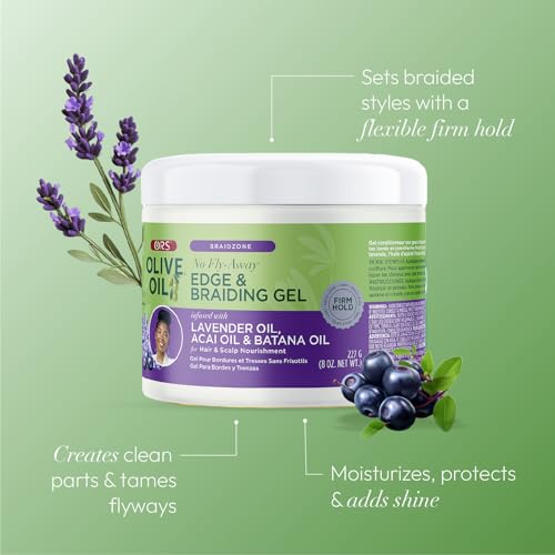 ORS Olive Oil Braidzone Edge & Braiding Gel with Lavender, Acai & Biotin for Hair & Scalp 8 oz (Pack of 3)