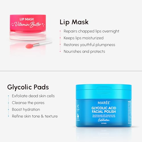 MAREE Lip Mask & Glycolic Peel Pads Bundle for Hydrated Skin & Soft Lips