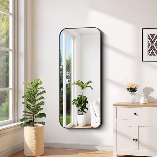 Black Bathroom Mirror 20x48 Inches Rectangle Wall Mount with Aluminum Frame – Rounded Corner Design