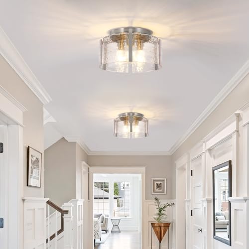 Xeruyiwa Nickel Brushed Nickel 3-Light Hammered Glass Semi-Flush Ceiling Light