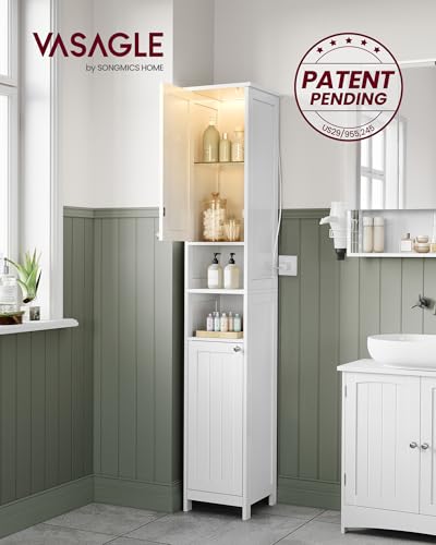 VASAGLE Tall Storage Cabinet with Lights, Slim 11.8x11.8x66.9 in Cloud White - Adjustable Shelves & Door-Activated Lighting