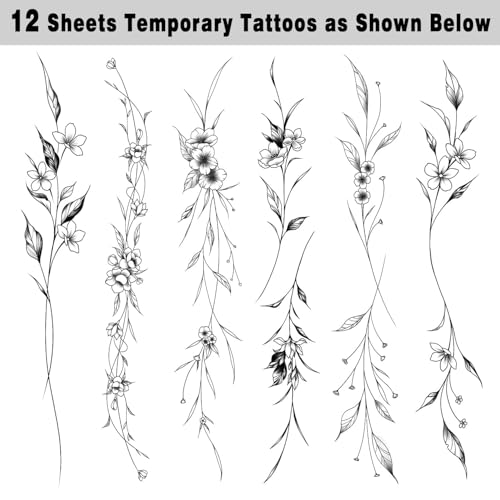 Leesgel Temporary Tattoos Women, 12 Sheets Long Flowers Vine Leaves Plant Tattoo for Women Adults, Black Semi Permanent Personality Waist Arm Foot Stick on Tattoos Stickers