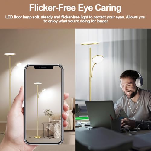 Brushed Gold Floor Lamp with Articulated Reading Light - 44W/4500LM Stepless Dimmable Standing Lamp for Living Room & Office