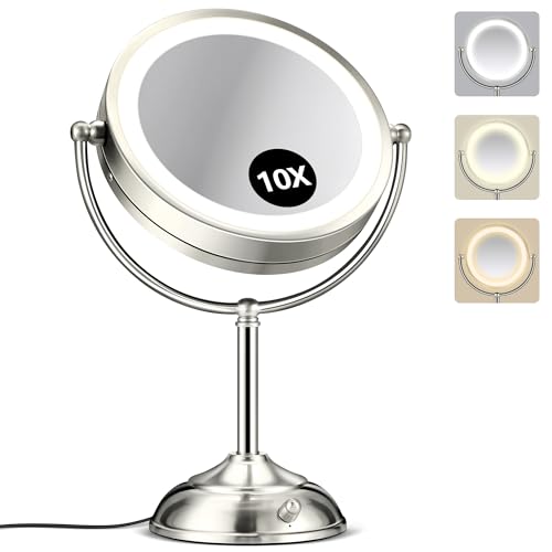 Silver 10X Lighted Makeup Mirror with 3 Color Modes & Adjustable Brightness