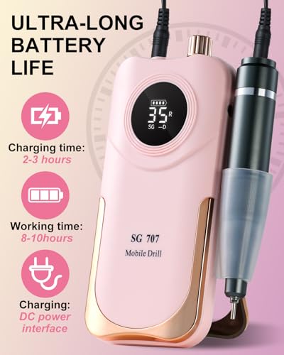 Pink Cordless Professional Nail Drill Kit 35000RPM with LCD Display & 14 Bits