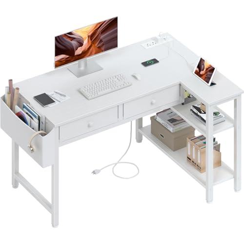 DLisiting White 39.4-Inch L-Shaped Corner Desk with Drawers & Shelves