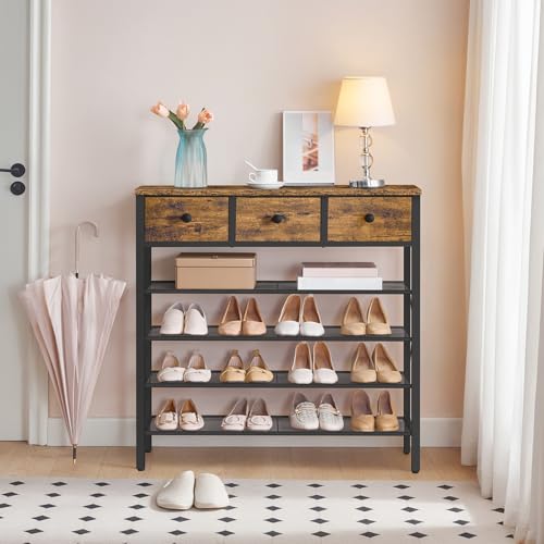 5-Tier Shoe Rack with 3 Drawers - Rustic Brown & Black, Metal & Wooden Storage Organizer