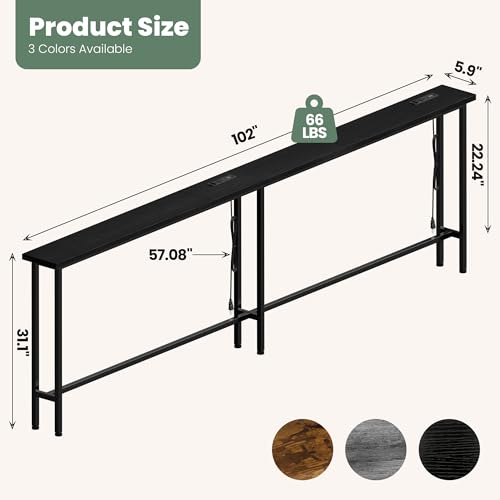 Black 102-Inch Sofa Table with Built-In Power Strip – Modern Narrow Couch Console