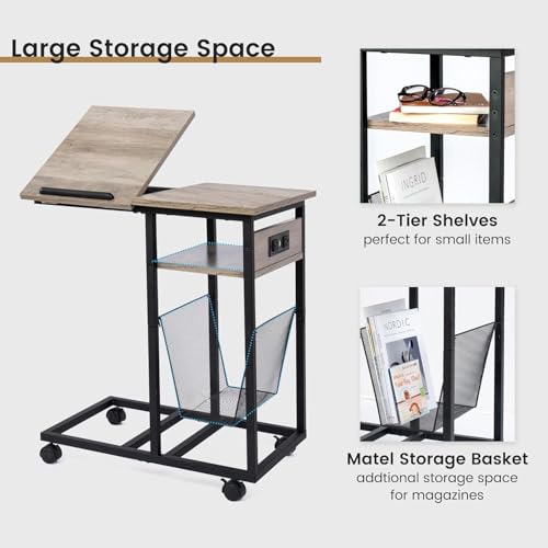 C-Shaped End Table with Charging Station, Tilting Top & Lockable Wheels - Grey