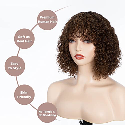 10 Inch Curly Human Hair Wig with Bangs for Black Women Brown & Gold