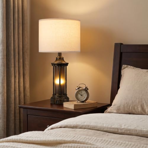 Seealle 24-inch Farmhouse & Industrial Table Lamp with Oat Shade & Bronze Base - Dual LED Night & Task Light, Black