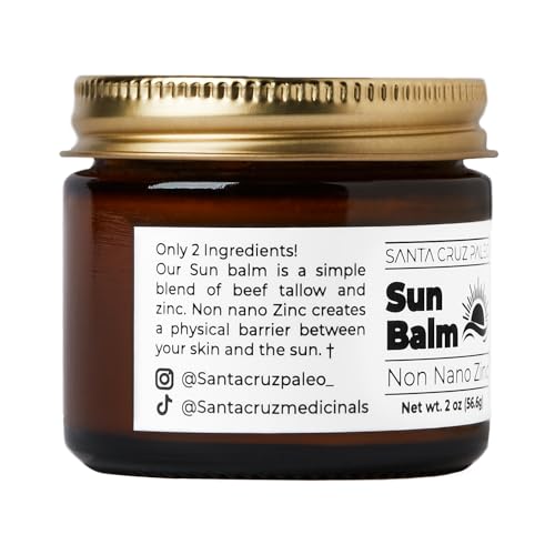 Santa Cruz Paleo, Beef Tallow Sun Balm with Non-Nano Zinc Oxide, Sunscreen Free, Unscented, Natural Mineral Sun Protection for Face & Body, Acne Safe, Moisturizer, Non Comedogenic, Organic Balm, 2 Oz