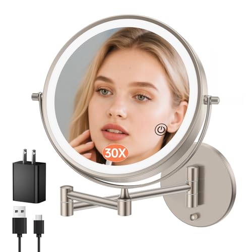 FUNTOUCH 5000mAh Rechargeable Wall Mount Makeup Mirror with Lights, 30X/1X Magnifying 9" Double Sided Mirror, 3 Color Lights,Touch Dimmable, 360 Rotation Extended Arm with Adapter,Brush Nickel