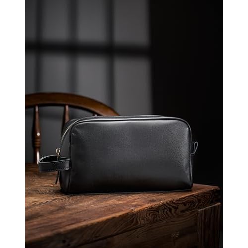 Awesometik Unisex Premium Travel Bag - Toiletries Organizer Case for Grooming, Jewelry - Travel Essentials Shaving Dopp Kit - Geniune Leather Water Resistant Cosmetic Bag For Men, Women (Black)