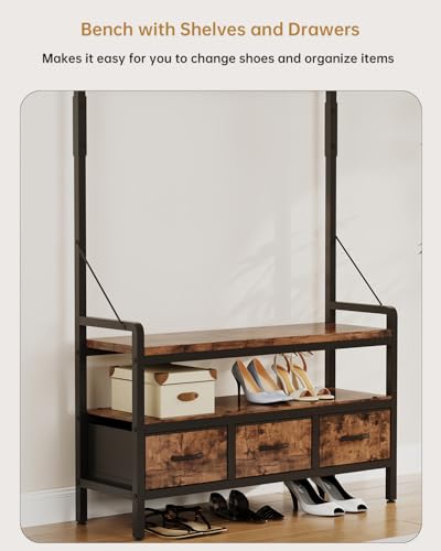 Hall Tree with Bench & Shoe Storage - 16 Hooks, 3 Drawers, Entryway Organizer
