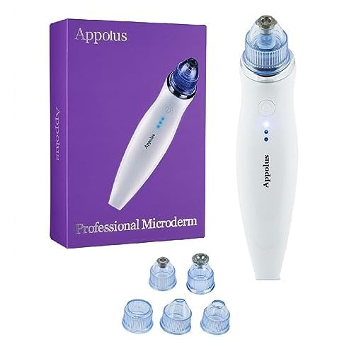 Microdermabrasion Machine - Appolus Premium Diamond Microdermabrasion Device Kit - 2 Diamond Tips - 5 Heads - Blackhead Remover Vacuum Tool -Pores Lines Wrinkles Minimizer