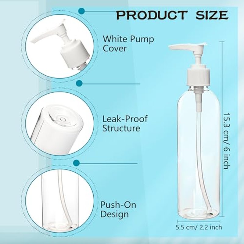 52 Pcs Empty Plastic Pump Bottle 8 oz/ 250 ml Clear Lotion Pump Dispenser Refillable Shampoo Containers Bulk with Travel Lock for Body Wash Liquid Soap Massage Oil Face Cream Conditioner
