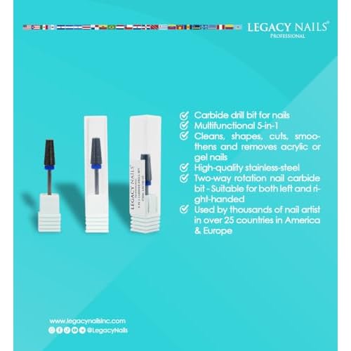 Legacy Nails Professional 5IN1 CARBIDE NAIL DRILL BIT Cleans Shapes Cuts Smoothens and Removes Acrylic or Gel Nails, Stainless-Steel