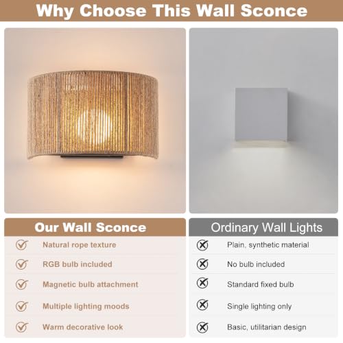 Rattan Battery Operated Wall Sconce Set of 2 - Boho Rechargeable Wall Lamp WL-Woven01