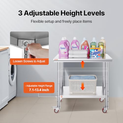 Stainless Steel Work Table 36x24 Inch with Casters - Heavy Duty Food Prep Table for Commercial Kitchen - Variation of Worktable