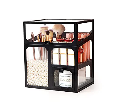 Luxury Glass Cosmetic Organizer with Pearls for Makeup Brushes & Lipsticks
