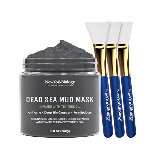 New York Biology Dead Sea Mud Mask for Face and Body Infused with Tea Tree with 3 pcs Face Mask Brush Applicators - Spa Quality Pore Reducer for Acne, Blackheads and Oily Skin