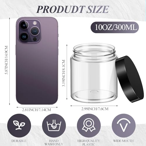 Patelai 60 Pcs Plastic Container Jars with Lids Round Clear Travel Cosmetic Container Jars for Toiletries, Lotion, Cream, Ointments, Makeup, Rhinestone, Samples, Kitchen Storage(Black,10 oz)
