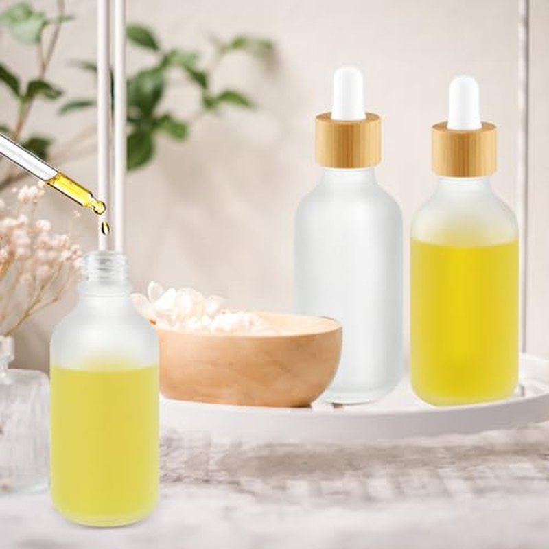 12 Pcs Frosted Glass Dropper Bottle Refillable Essential Oil Container Jars with Eye Dropper & Bamboo Lids for Perfume Sample Cosmetic Liquid Travel - 60ml/2oz