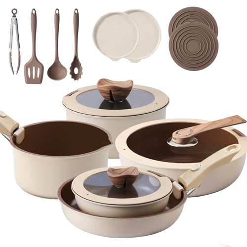 17-Piece RV Cookware Set with Detachable Handle, Nonstick Ceramic Pots & Pans