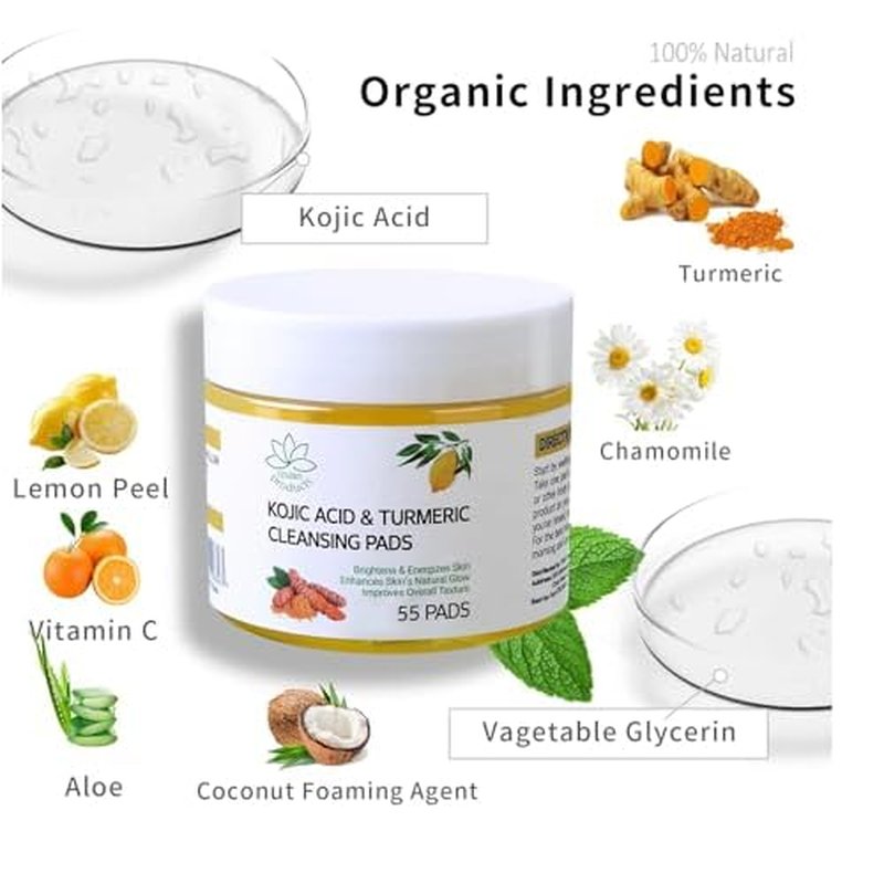 Kojic Acid and Turmeric Cleansing Pads, 55 Pcs, for Face Cleaning, Hydrating and Exfoliation.