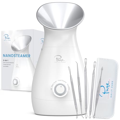 Nano Ionic Facial Steamer & Humidifier with Precise Temp Control - Silver - 3-in-1 Spa-Quality Skin Care with Bonus 5-Piece Stainless Steel Blackhead Extractor Kit