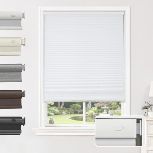 No Drill Cellular Window Shades - White 34x64 Inches, Blackout Cordless