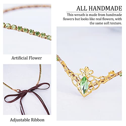 MOSTORY Handmade Princess Crystal Tiara for Wedding V-shape Renaissance Elf Crown Headband Golden Green Fairy Headpiece for Women Goddess Cosplay Costume Hair Accessory Maternity Shoot Birthday