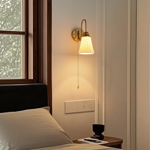 Hardwired Ceramic Wall Sconces Set of 2 with Pull Chain - Curve Arm Design