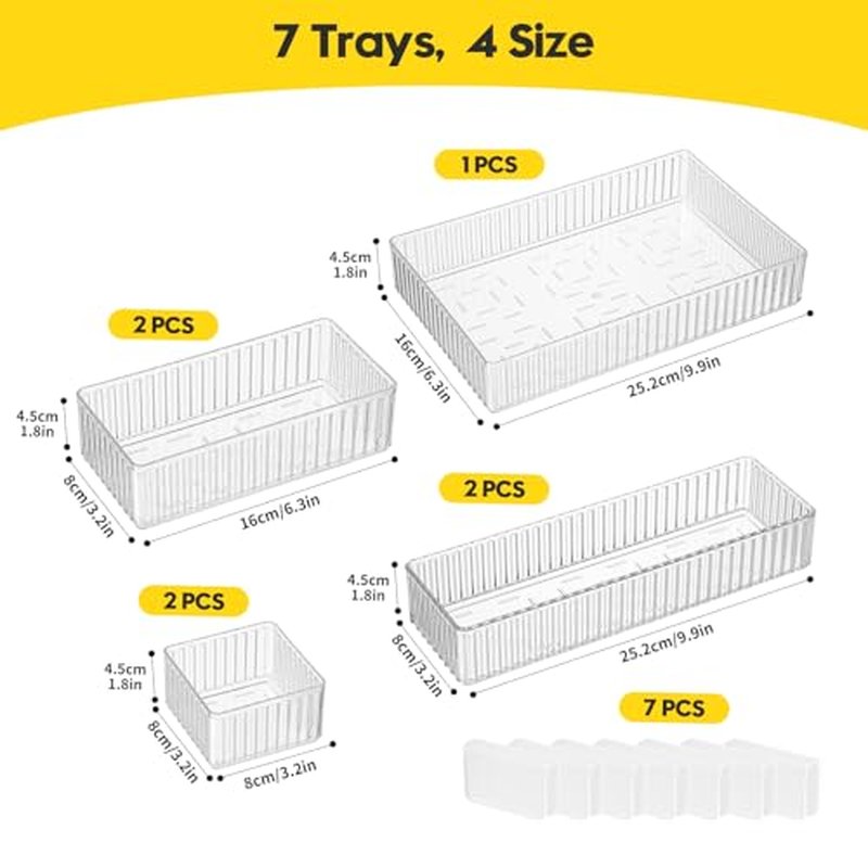 7 PCS Clear Drawer Organizer Bins with Locking Clips - Stackable Interlocking Makeup Vanity Organizer Trays for Bathroom, Cosmetics, Kitchen, Office - Acrylic Storage Containers Set