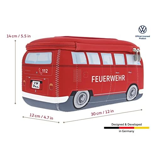BRISA VW Collection - Volkswagen Neoprene Universal Makeup Cosmetics Toiletry Travel Pharmacy Bag in T1 Bus Design (Firetruck/Red) (Large (11.8 x 5.5 x 4.7 inches))
