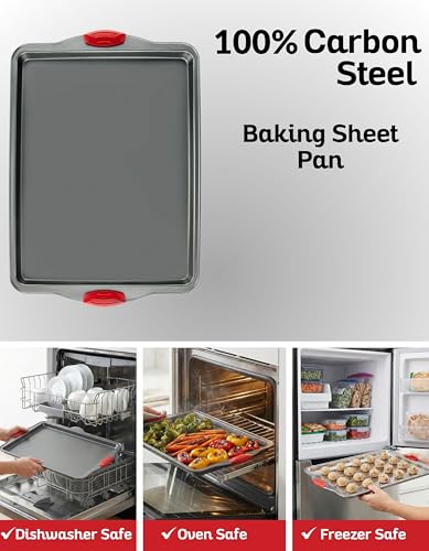 Red & Grey Nonstick Baking Sheet Pan Set - Heavy-Gauge Carbon Steel, 3 Pieces