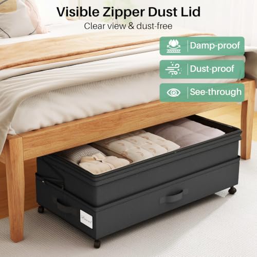 Kitstorack 4 Pack Height-Adjustable Under Bed Storage Containers with Wheels & Clear Windows - Black