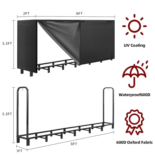 8FT Firewood Rack with Waterproof Cover - Heavy Duty Indoor & Outdoor Storage - Variation: 8 ft with Cover