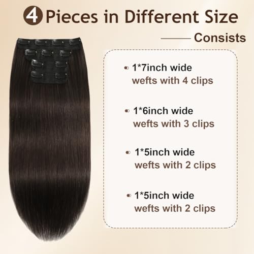 Dark Brown 16 Inch Remy Human Hair Clip-In Extensions - Natural Thick & Seamless, 4PCS