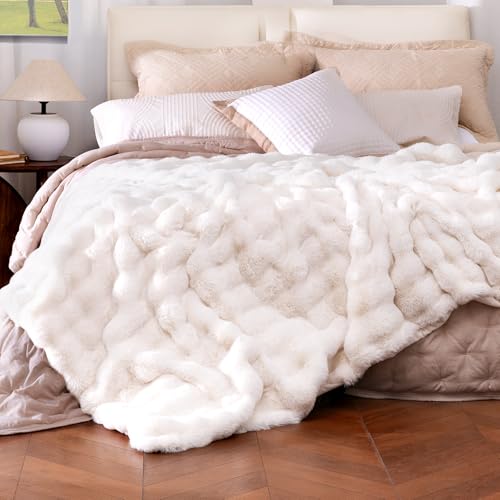 Cream White Twin Faux Fur Throw Blanket 60x80 Inches Cozy Plush Bubble Style