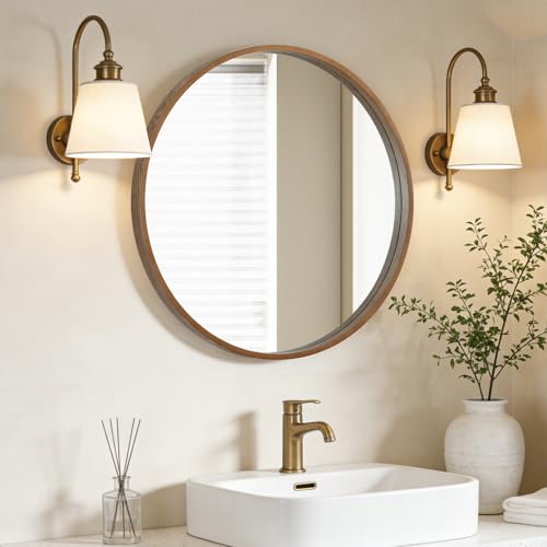 Wood Round Wall Mirror 24 Inch with Walnut Frame - Bathroom & Living Room Decor