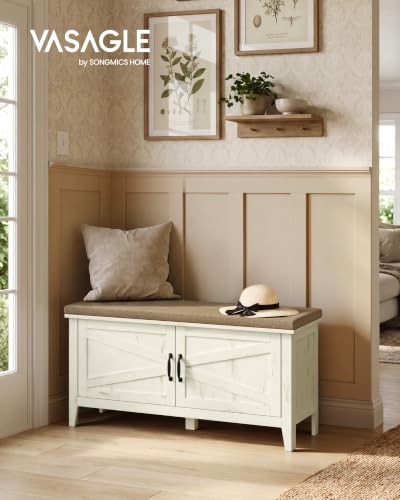 VASAGLE Farmhouse Entryway Shoe Bench with Cushion, Rustic White & Walnut Brown, 39.4 Inches Wide