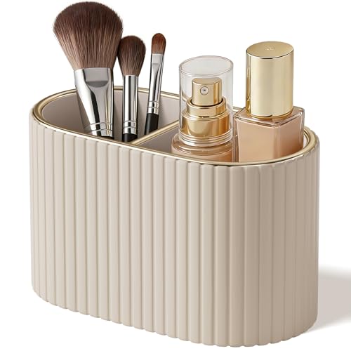 KINGFOM Makeup Brush Holder Organizer with Divider - Mocha Beige Leather Vanity Storage