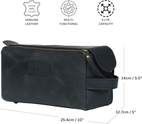 Men's Leather Toiletry Bag - Vintage Dopp Kit Organizer with Waterproof Lining - Black, Small